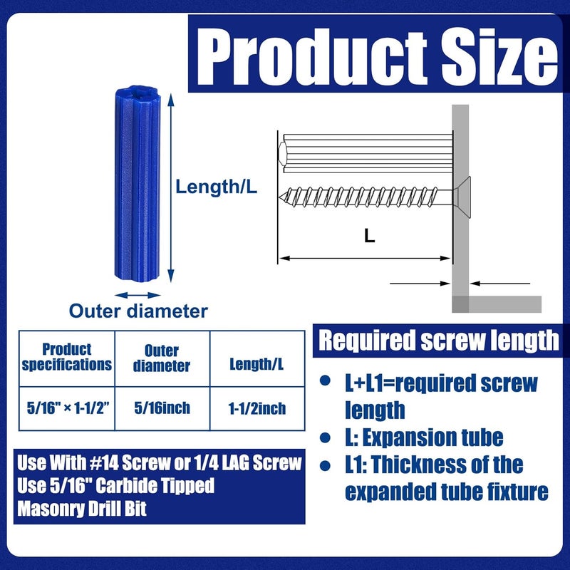 Lineshading 200 Pcs 5/16" Hole Screw Expanding Plastic Screw Anchors Blue Plastic Anchors Drywall Wall Expansion Pipe Bolt Expansion Tube for Hollow Walls Concrete Tile Cement Other Surface (1-1/2") - Image 2